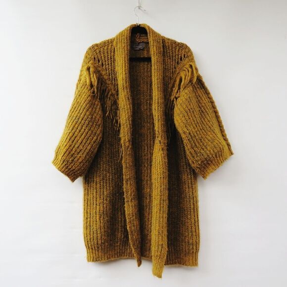 Anthropologie OS Stevie Boho Fringe Marled Knit Mustard Yellow Cardigan Sweater - Picture 11 of 15